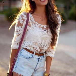 SPOOL 72 Laced in Snow Top Long Sleeves Embroidered Scalloped Hem Cream Medium